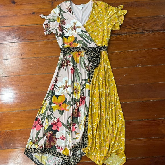 Leopard Print Floral Patchwork Midi Crossover Tie Dress - Size Medium - Picture 7 of 11